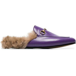 Gucci Princetown Purple Leather Beige Nude Fur Loafer Slide Mule Slipper Flat 36